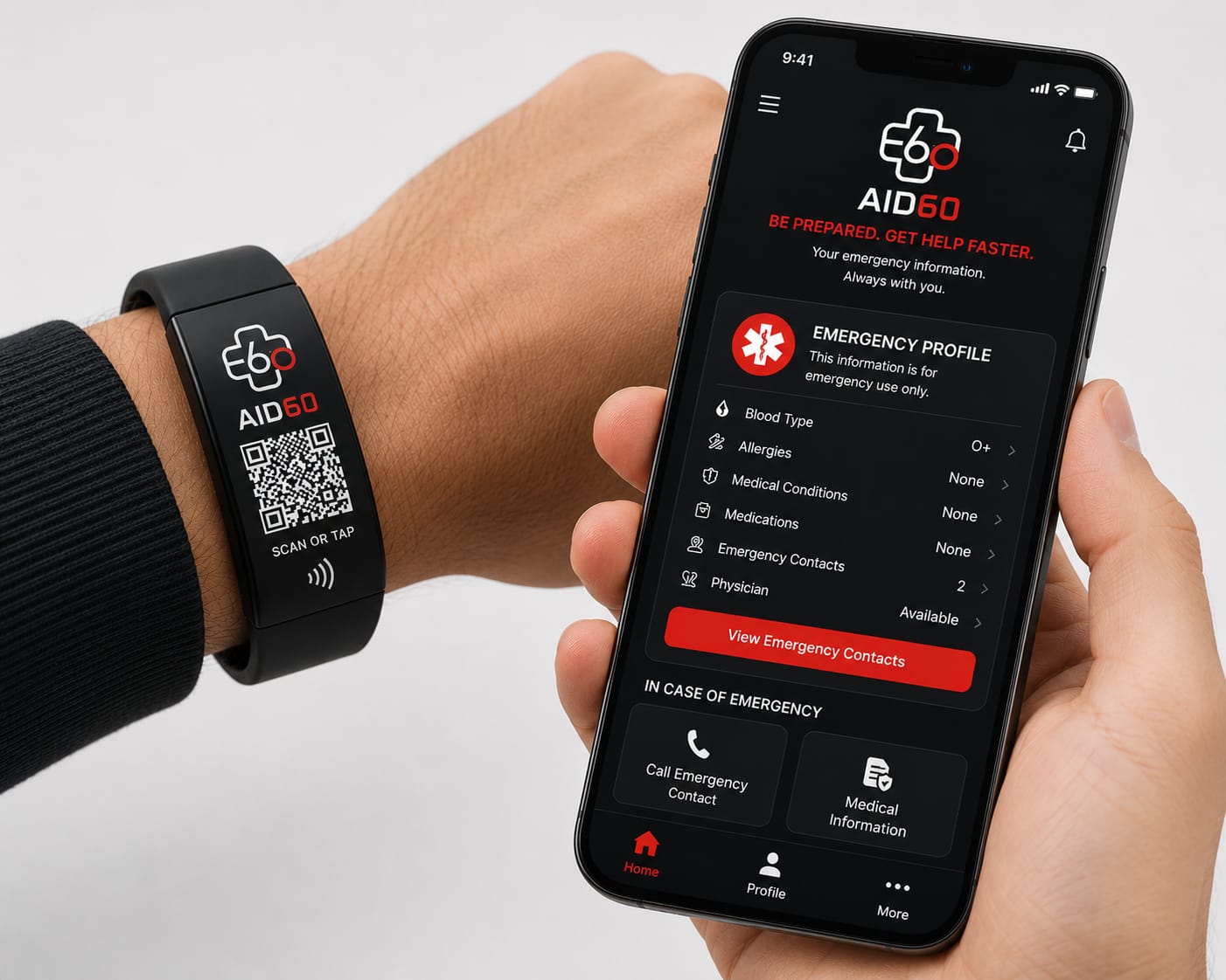 Matte-black AID60 QR and NFC emergency ID bracelet beside a phone displaying an emergency profile.