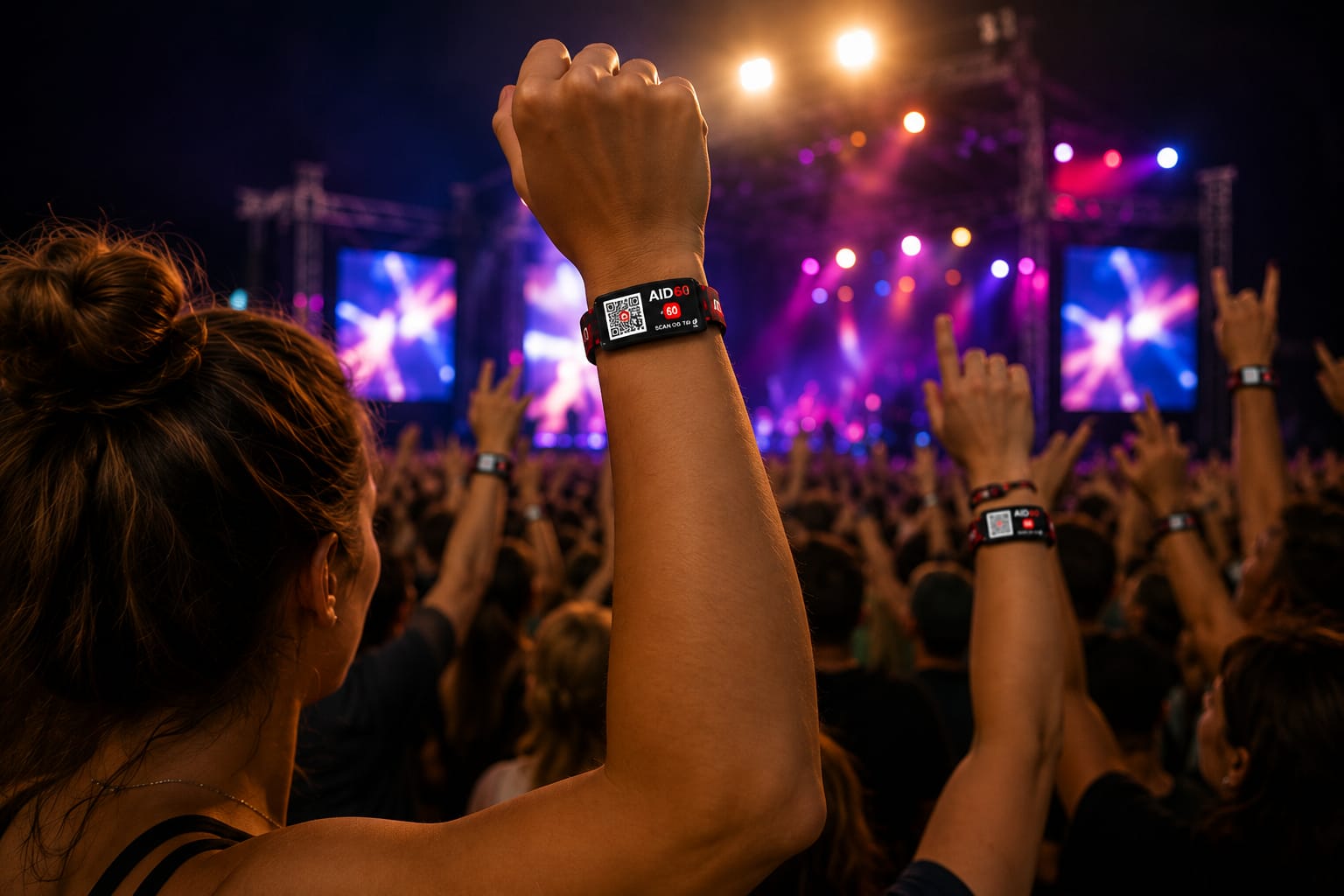 A festival crowd with raised hands wearing AID60 wristbands in front of a bright stage.