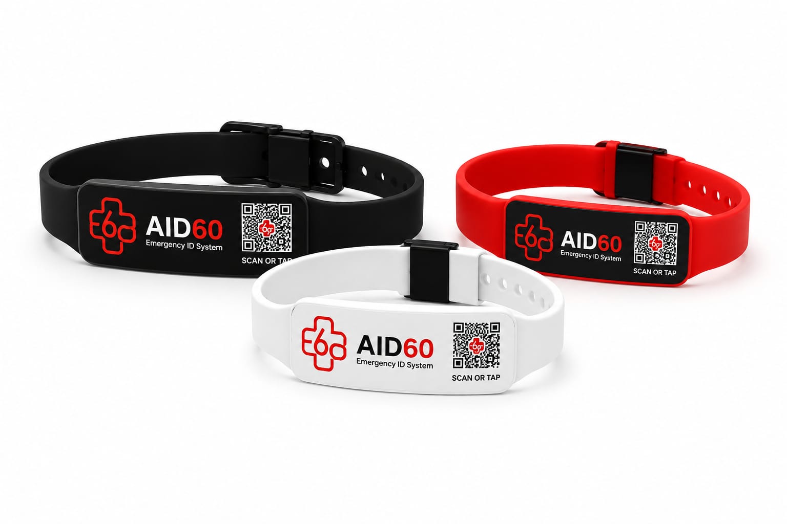 AID60 silicone emergency ID wristbands in black, white and red, each showing the AID60 logo, a QR code and Scan or Tap.