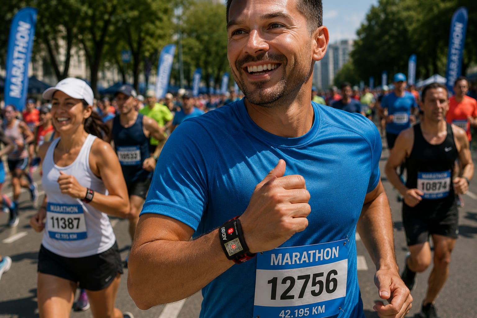 A smiling marathon runner wearing an AID60 wristband among other runners.
