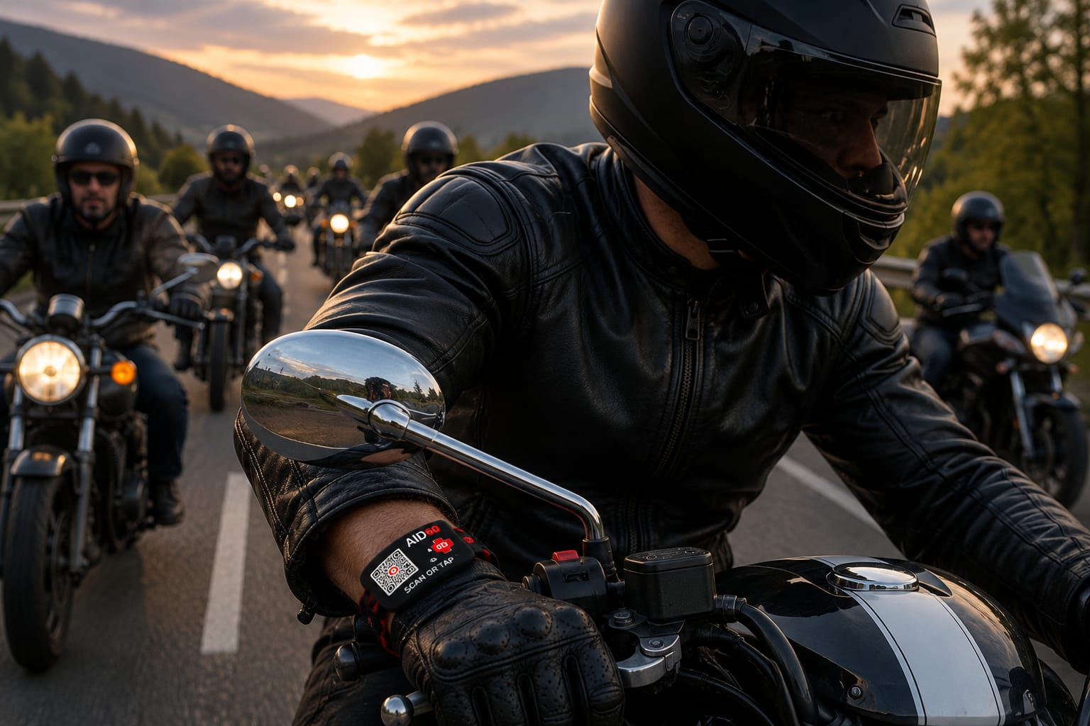 A motorcyclist in leathers wearing an AID60 wristband while riding with a group at sunset.